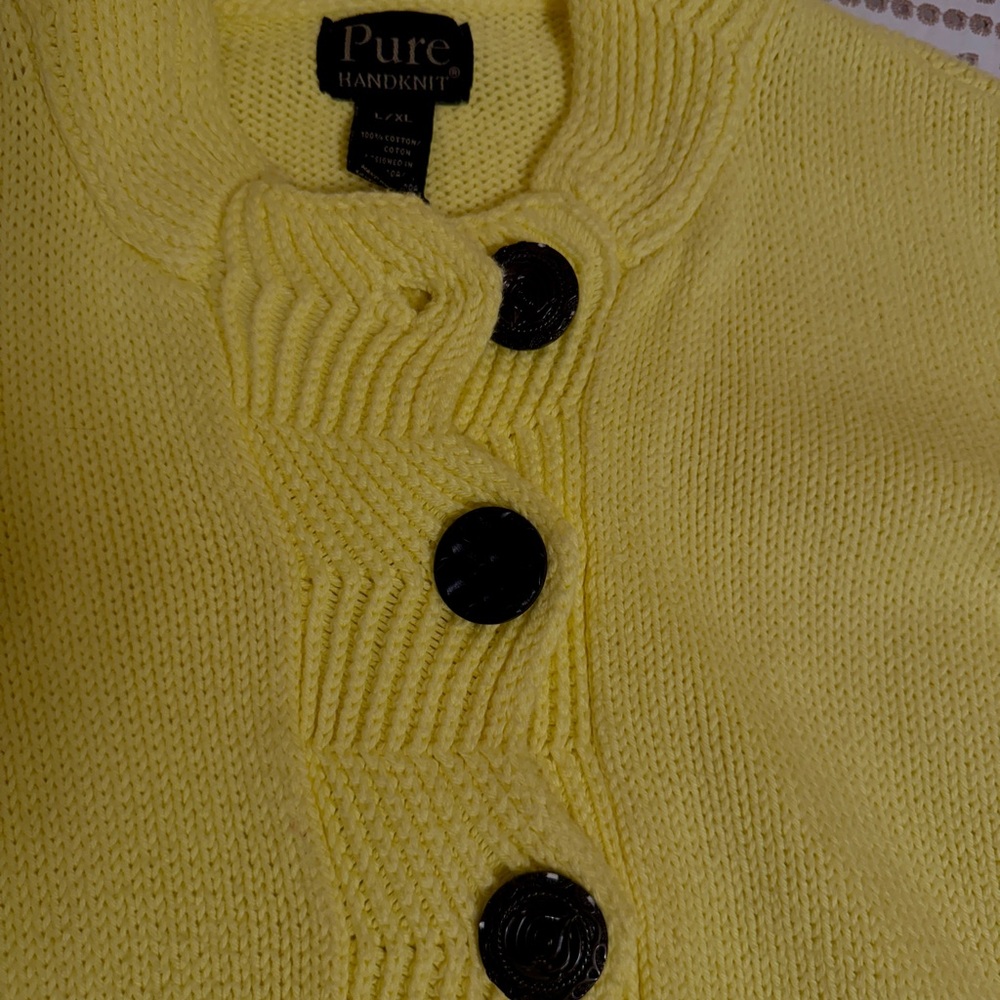 Pure Handknit Yellow Cotton Knit Jacket Cardigan L/XL - Picture 5 of 5